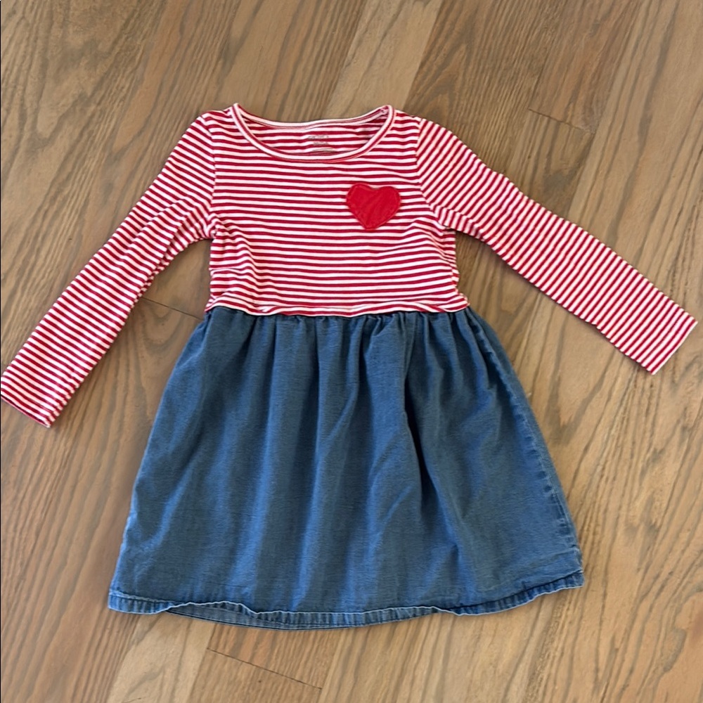 Carter’s red and white stripe denim dress, heart appliqué and pockets, size 5